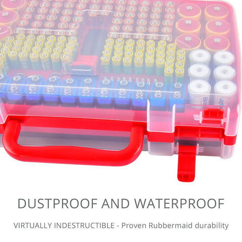 Massive 269 Battery Organizer Case With Built In Tester Dual Sided Storage For AA AAA 9V C D 18650 And Button Cells Keeps Batteries Sorted Easy Access And Ready For Any Household Project, red clear plastic case
