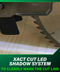 Close-up of Heavy Duty 12 Inch Dual Bevel Sliding Miter Saw Workhorse with Xact Cut Shadow Line for clean cuts.