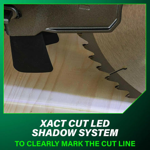 Close-up of Heavy Duty 12 Inch Dual Bevel Sliding Miter Saw Workhorse with Xact Cut Shadow Line for clean cuts.
