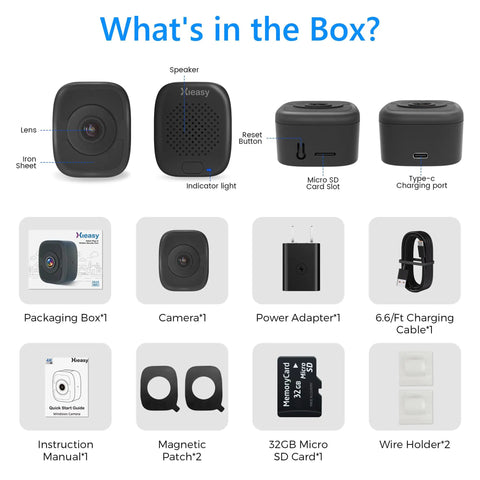 No Drill Magnetic Window Camera For Inside Or Outside Monitoring Through Glass 4K 8MP Lens With 32GB SD Card box contents