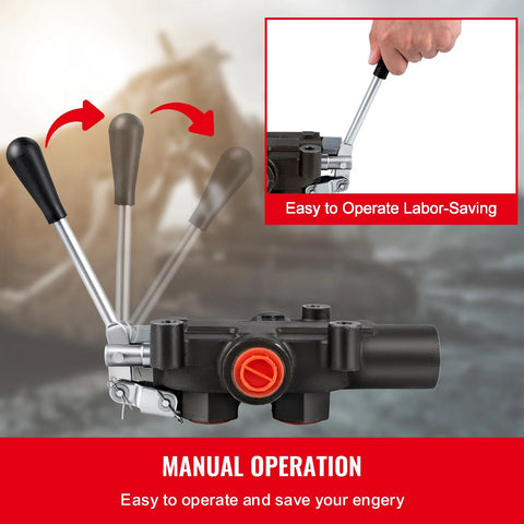 Manual operation of compact hydraulic control valve for tractors, showing easy labor-saving handle movement.