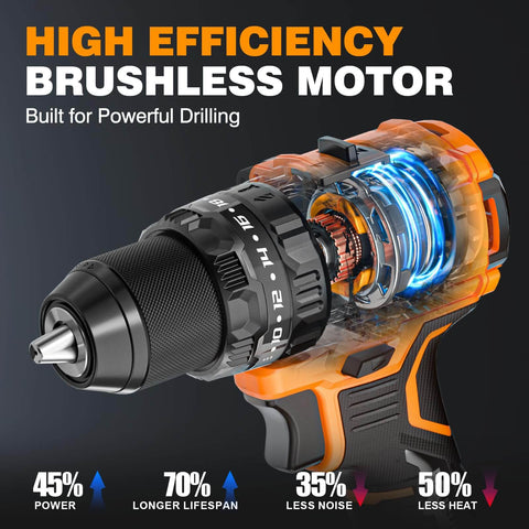 Close-up of Go-To 20V Max Cordless Hammer Drill with Brushless Motor, 620 In-Lb Torque, 31500 BPM, half inch keyless metal chuck