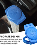 Porsche Cayenne Windshield Washer Fluid Cap Replacement 3Q0955455 shown on wiper fluid tank with blue cap and leak-free seal