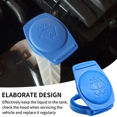 Porsche Cayenne Windshield Washer Fluid Cap Replacement 3Q0955455 shown on wiper fluid tank with blue cap and leak-free seal