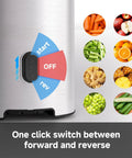 AMZCHEF Cold Press Juicer With 5.4 Inch Slow Masticating Wide Feed Chute switch for forward and reverse with colorful fruits and veggies.