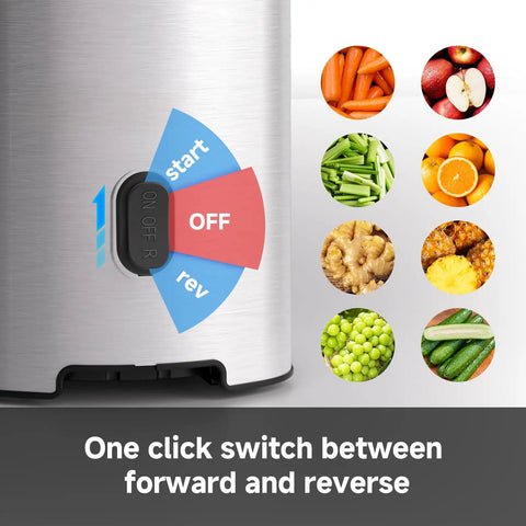 AMZCHEF Cold Press Juicer With 5.4 Inch Slow Masticating Wide Feed Chute switch for forward and reverse with colorful fruits and veggies.