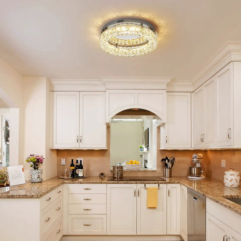 Crystal Chandelier LED Ceiling Light 16 Inch Flush Mount For Hallways, Bedrooms, Kitchen And Closets in a cozy kitchen
