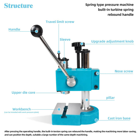 Spring Loaded Arbor Press For Precision Manual Punching And Forming On A Compact Benchtop Shaft Press With 3 kN Capacity, turquoise color