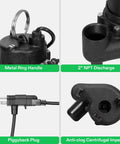 Close-up of Beefy 3/4 HP Submersible Sewage Pump with metal ring handle, 2" NPT discharge, piggyback plug, and anti-clog impeller.