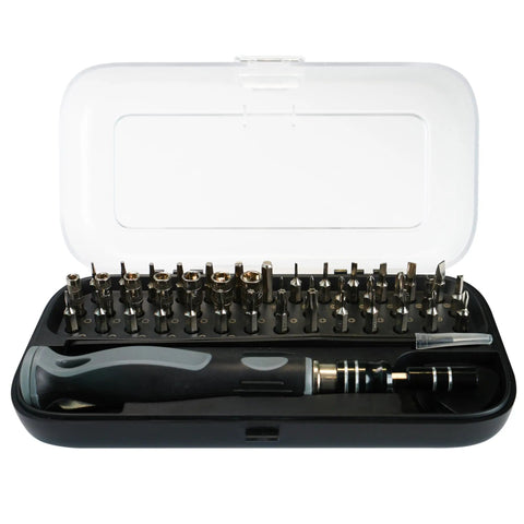Pocket Precision Screwdriver Set 48 In 1 Magnetic Kit With CRV Bits in a black plastic case, ideal for electronics repairs.