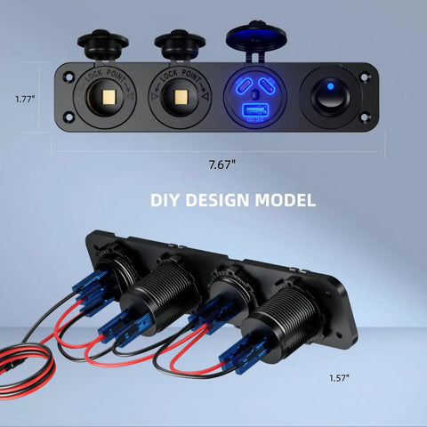 Top view of 4 In 1 Marine Switch Panel For Boat And Truck, Plug And Play 12V DC Waterproof Rocker with dual ports, DIY design