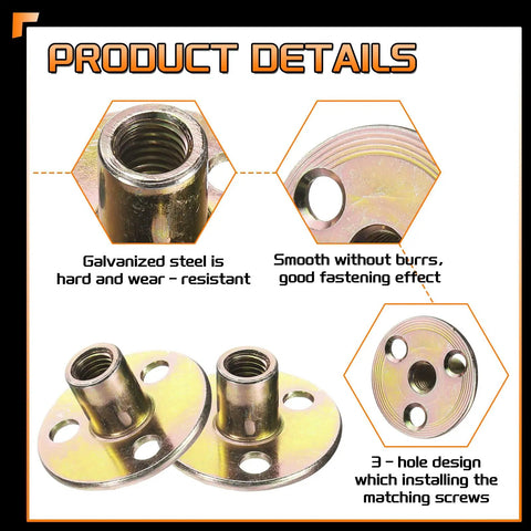 Hella Tough 4 Piece M8 Tee Nuts Zinc Plated Steel Panel Fasteners With Screws showing galvanized steel, three-hole design and smooth finish.