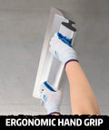 Pro Grade Drywall Skimming Blade Set With Extension Handles for Quick Finishes 12-inch blade in use, ergonomic hand grip shown