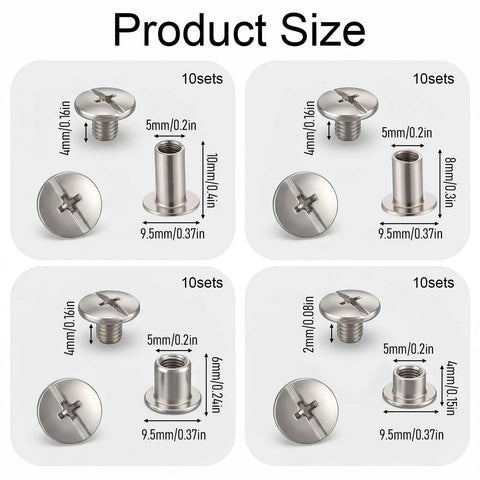 Gear Up Your Leather Creations With This Sick 40 Pack Of Chicago Screws Rivets showing 4 sizes of stainless steel binding posts for DIY projects.