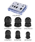 Waterproof Nylon Cable Gland Kit IP68 With Sealing Gaskets, includes various PG sizes in a clear PP box, black nylon material.