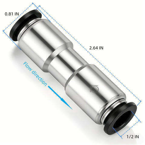 Pneumatic Push To Connect Check Valve One Way Fitting One Half Inch Inlet One Half Inch Outlet Nickel Plated Brass With NBR O Ring Seals For Air And Vacuum Pack Of Two