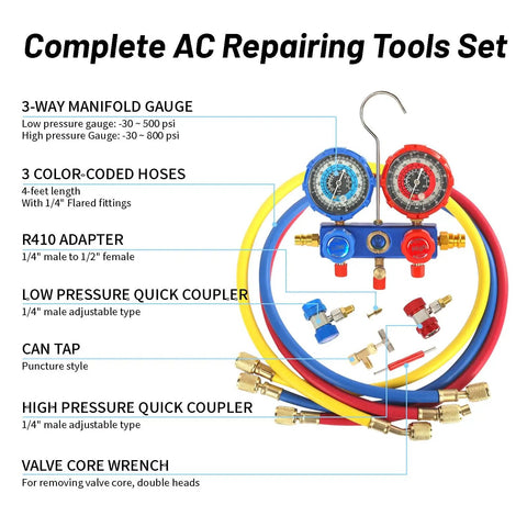 Vacuum Pump And Gauge Set Pro Grade With 4.5 CFM Rating 3 Way Aluminum Manifold Gauge Leak Detector And PVC Storage Case