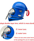 Sandblasting Hood And Helmet With Safe Air Feed Shoulder Protection For Sandblasters Durable ABS Mask With Double Lens Protection And Five Outer Lenses Ideal For Sand Blasting Equipment And Heavy Duty Projects showing blue helmet with lens details.