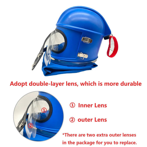 Sandblasting Hood And Helmet With Safe Air Feed Shoulder Protection For Sandblasters Durable ABS Mask With Double Lens Protection And Five Outer Lenses Ideal For Sand Blasting Equipment And Heavy Duty Projects showing blue helmet with lens details.