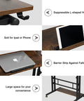 Detail view of features on Mobile Standing Desk With Adjustable Height Rolling Desk Stand Up Station For Home Office Portable Laptop Desk On Wheels With Charging Station Rustic Brown, showing hooks, slots, and storage space.