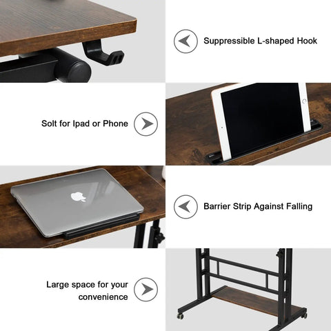 Detail view of features on Mobile Standing Desk With Adjustable Height Rolling Desk Stand Up Station For Home Office Portable Laptop Desk On Wheels With Charging Station Rustic Brown, showing hooks, slots, and storage space.