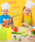 Toddler knife set with gloves; lime-green crinkle cutters, green/yellow cutting boards, and a grater.