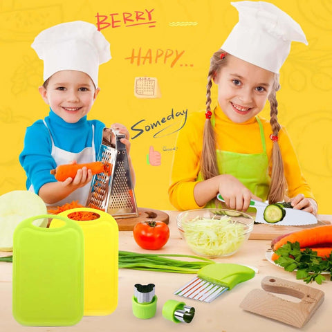 Toddler knife set with gloves; lime-green crinkle cutters, green/yellow cutting boards, and a grater.