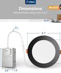 Amico 48 Pack 6 Inch LED Recessed Lighting, Canless Wafer Downlight dimensions with black trim and J-box.