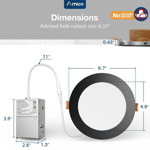 Amico 48 Pack 6 Inch LED Recessed Lighting, Canless Wafer Downlight dimensions with black trim and J-box.