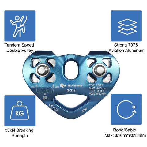 30kN Tandem Speed Double Pulley Zip Line Trolley for Backyard Setups, Heavy Duty Mountaineering Climbing and Rescue Gear, CE Certified