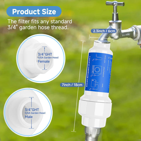Calcium Inhibitor Filter For Three Quarter Inch Standard Garden Hose And Faucets Inline Sediment Anti Scale Mister Filter attached to outdoor faucet
