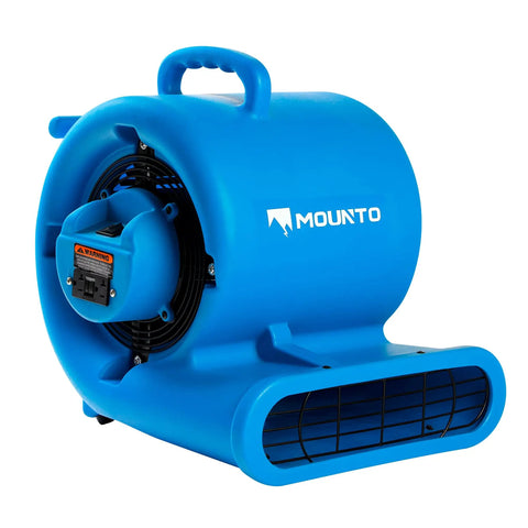 Side view of Beefed Up Heavy Duty One Third HP 2000 CFM Air Mover for water damage restoration with blue casing