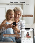 Woman and child using phone to view Wireless WiFi Video Doorbell Camera With Chime, 1080P HD, two-way audio feature.