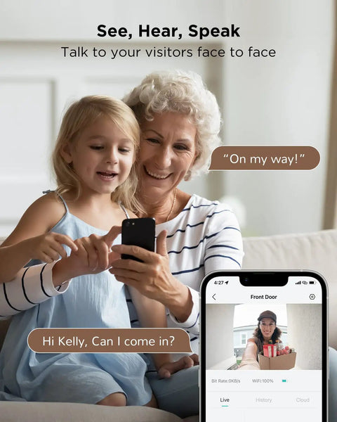 Woman and child using phone to view Wireless WiFi Video Doorbell Camera With Chime, 1080P HD, two-way audio feature.