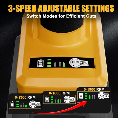 3-speed adjustable settings on Beast Mode Cordless Metal Nibbler With Assist Handle, showing 0-1300, 0-1600, and 0-1900 RPM options.