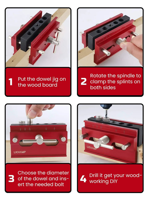 Self Centering Doweling Jig Kit With 6 Drill Guide Bushings for precise straight holes, showing installation steps on wood board