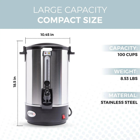 Front view of 100 Cup Electric Coffee Urn Stainless Steel Beast With Massive Capacity Percolator Pot And Leak Proof Tap Hot Beverage Dispenser
