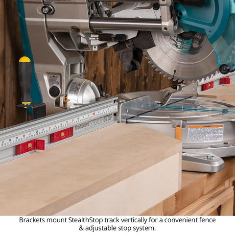 Micro Adjustable Miter Fence Stop System With Combo Track And Quick Flip Stops To Nail Your Cuts On Any Miter Saw Made In Usa Zero Hassle Precision Setup, showing track mounted vertically with saw details.