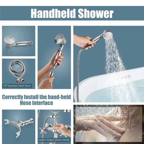 Wall Mount Bathtub Faucet With Handheld Shower Chrome Finish in use by bathtub, showing water flow and installation details