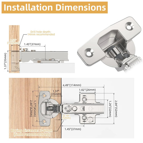 Frameless full-overlay cabinet hinge, stainless steel clip-on, soft-close, 45–110° opening, diagram.