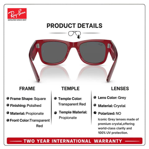 RB0840S Square Non Polarized Sunnies For Men And Women With Dark Grey Lenses side view featuring transparent red frame details