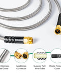 Stainless Steel Garden Hose With Metal Leader, 3 Ft Long, Heavy Duty Lightweight Water Pipe with brass connectors and PVC tubing.