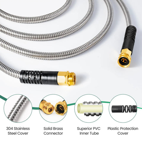 Stainless Steel Garden Hose With Metal Leader, 3 Ft Long, Heavy Duty Lightweight Water Pipe with brass connectors and PVC tubing.
