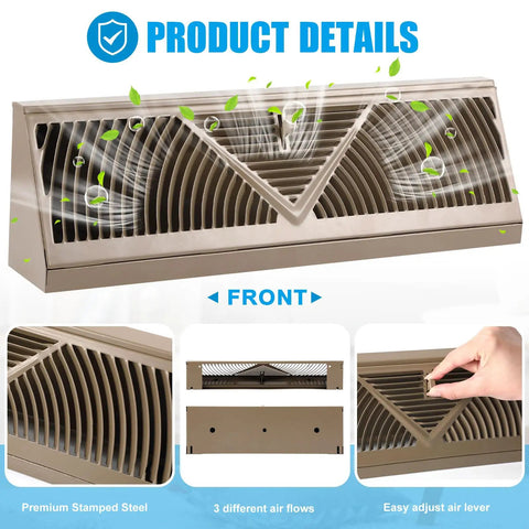 Front view of brown steel 4 Pack Baseboard Vent Covers With 18 Inch Duct Opening showing adjustable airflow design.