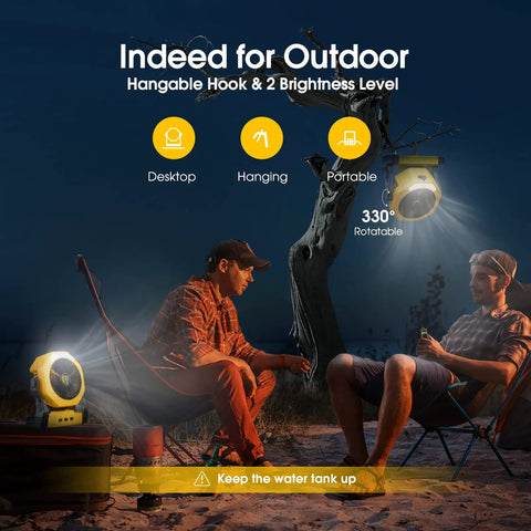 Portable Misting Fan With USB Rechargeable Battery, 8 Inch Cooling Mist Fan, 250ml Water Tank, LED Lantern in outdoor camping setup.