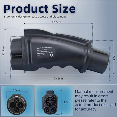Top Notch Dc Fast Charging Adapter Quickly Plugs Ccs1 Stations Into Your Chademo Rig With Rock Solid Safety Guards showcased with product dimensions.