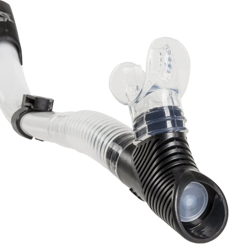 Close-up of Semi Dry Snorkel With Flexible Tube And Drop Away Design Splash Guard Keeps Water Out At The Surface Hypoallergenic Mouthpiece