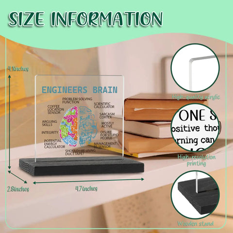 Engineers Brain Acrylic Desk Sign, 4.7 x 2.7 x 4 inches, clear acrylic with wooden stand, for mechanical, aerospace, electrical, civil, software engineers.