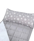 Cozy Toddler Nap Mat With Removable Pillow And Fleece Minky Blanket Grey, showing star-patterned pillow and quilted mat in close-up.