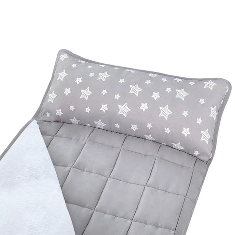 Cozy Toddler Nap Mat With Removable Pillow And Fleece Minky Blanket Grey, showing star-patterned pillow and quilted mat in close-up.